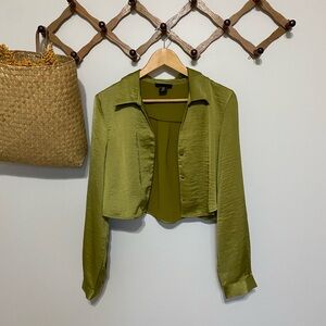 House of Harlow 1960 Cropped Satin Olive Button-Down Blouse